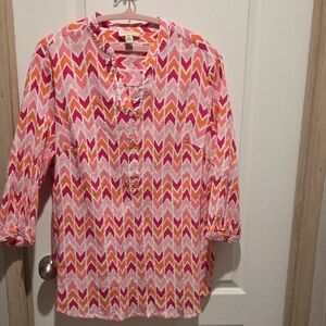 Appleseed's Chevron V-Neck Blouse in Pink, Orange & White